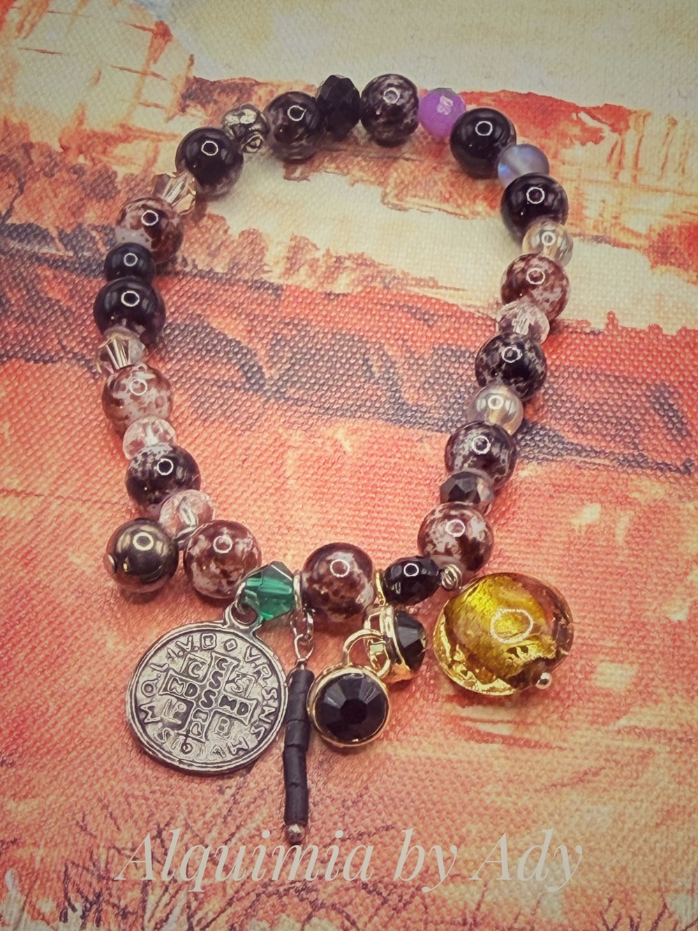 Alquimia Brown, Black, Green and Gold Beaded Charm Bracelet